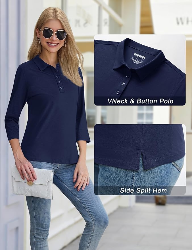 YUCOLEN Polo Shirts for Women 3/4 Sleeve Tops Golf Tees 5-Button Collared Cotton Shirt Business Casual