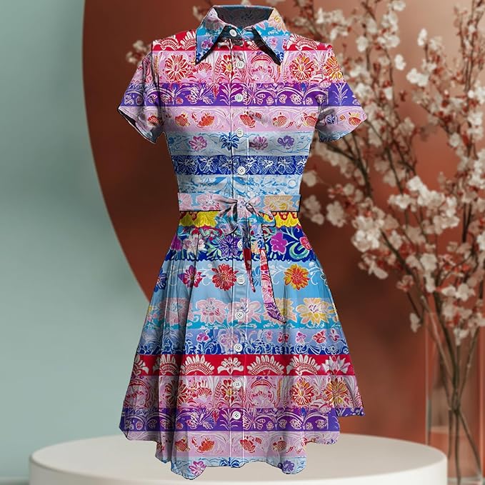 MARSVOVO Vintage Retro Shirt Dress for Women Short Sleeve Button Down Tie Waist Elegant Smocked Knee Length Dress