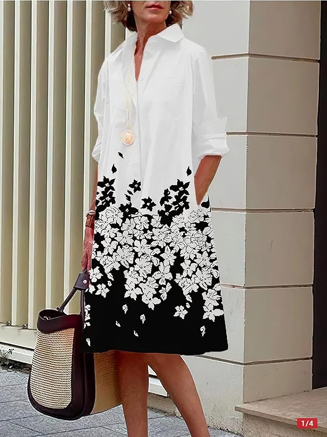 Womens 2025 Long Sleeve Button Down Shirt Summer Dress Casual V Neck Loose Fit Midi Shirt Dresses with Pockets