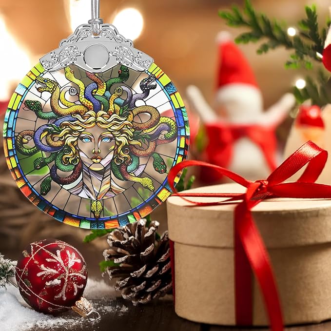 Medusa Christmas Ornaments, 3" Stained Glass Christmas Decor, Christmas Tree Ornaments, Gifts for Women, Unique Gift Idea, Perfect for Holiday Party, Tree, Window, Home Decor