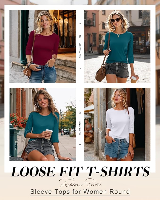 Ficerd 3 Pack 3/4 Sleeve Tops for Women Round Neck Dressy Basics Tees Casual Trendy Loose Fit T Shirts