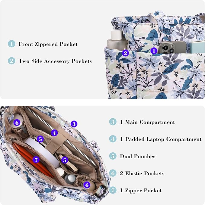 AOCINA Puffer Tote Bag for Women Quilted Work Bag Nurse Bags Women's Shoulder Handbags for Travel Gym Gifts Laptop Purse