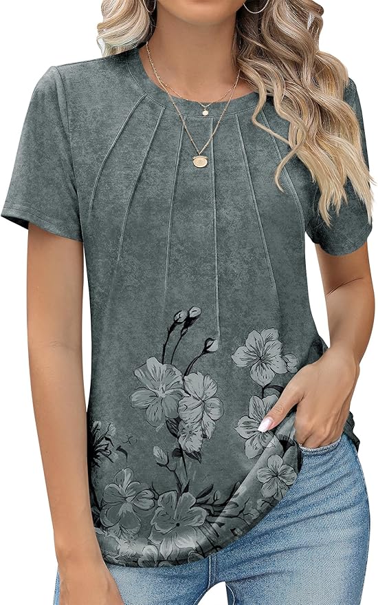 Kistore Womens Casual Crew Neck Short Sleeve Pleated Tops Blouses Fashion Clothes 2026