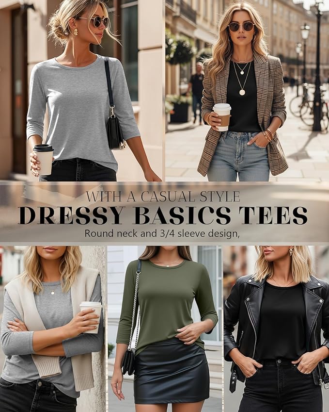 Ficerd 3 Pack 3/4 Sleeve Tops for Women Round Neck Dressy Basics Tees Casual Trendy Loose Fit T Shirts