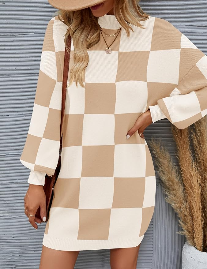 ZESICA Women's 2026 Fall Turtleneck Sweater Dress Oversized Long Lantern Sleeve Casual Knit Pullover Mini Dresses