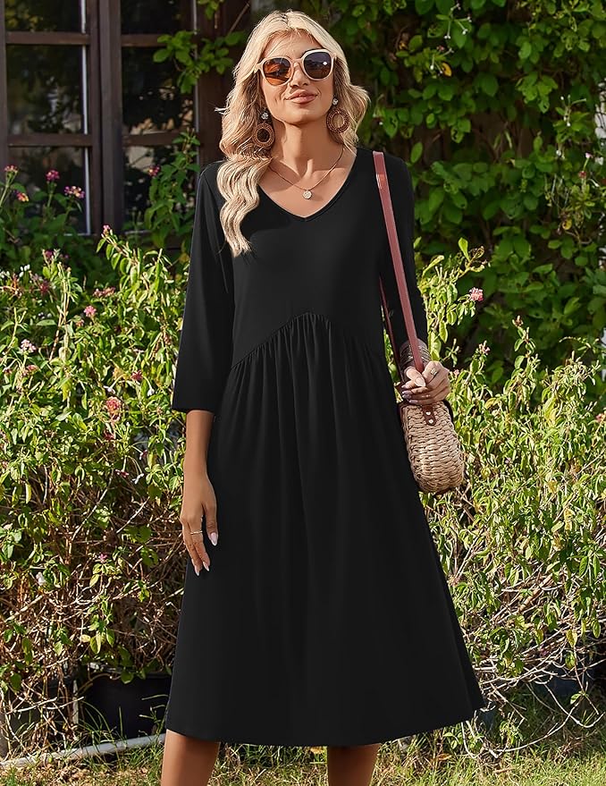 ZEAGOO 3/4 Sleeve Women's Dress Casual Flowy A-Line Midi Tshirt Dresses with Pocket Empire Waist Summer Boho Beach Sundress