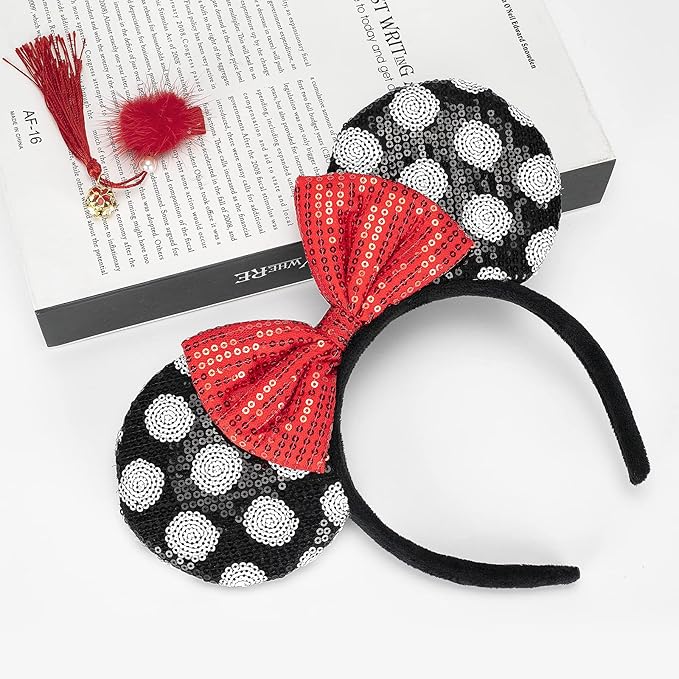 YUNISS 2 PCS Mouse Ears, Shiny Sequin Bow Mouse Ears Headbands for Adult Women Girls Christmas Birthday Party