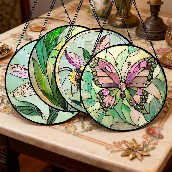 Stained Glass Window Hanging 4 Pcs Set Pink Green Insect Theme Large 11.8" - Butterfly Suncatcher Door Garden Sun Catcher Decor Birthday Christmas for Mom Woman Nana Men