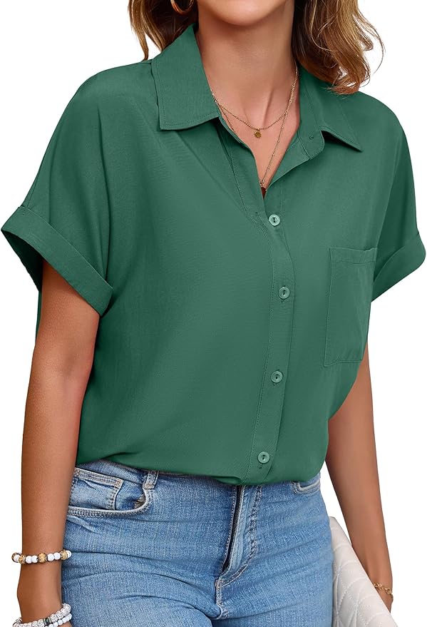 Womens Button Down Shirt Casual Short Sleeve Collared Work Blouse with Pocket