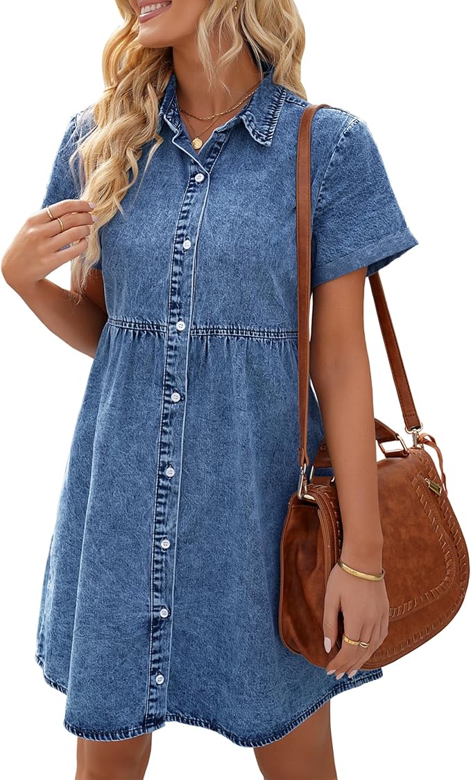 LookbookStore Women's Short Sleeve Button Down Flowy Tiered Babydoll Denim Dress