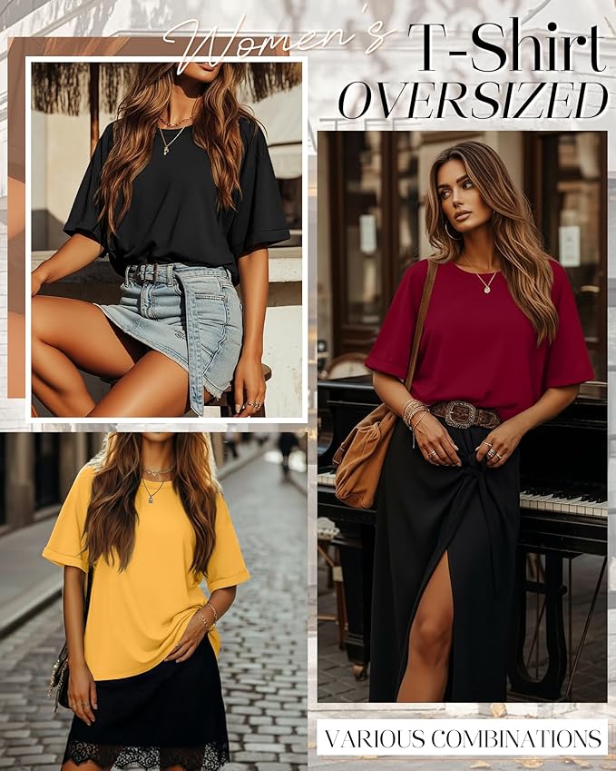 Riyiper 3 Pack Women's Oversized T-Shirt Half Sleeve Summer Tees Casual Loose Fit Crew Neck Basic Tops