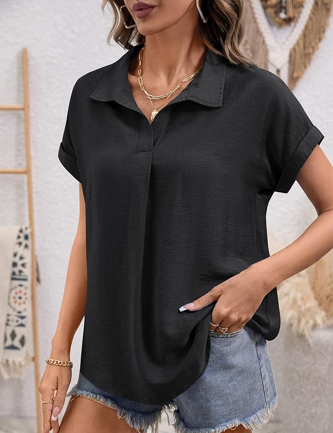 LOMON Women Blouses Spring Summer Tops for Women 2026 Short Sleeve V Neck Dressy Casual Collared Shirts Work Office