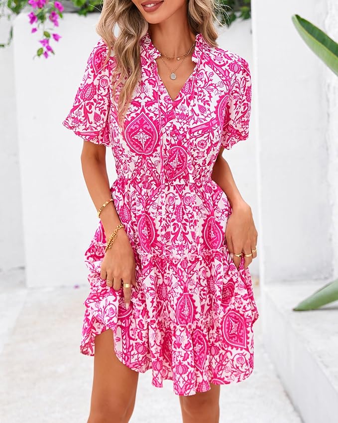 BTFBM Women Summer Floral Short Dresses V Neck Short Sleeve Tiered Ruffle Boho Swing Dress A-Line Mini Dresses