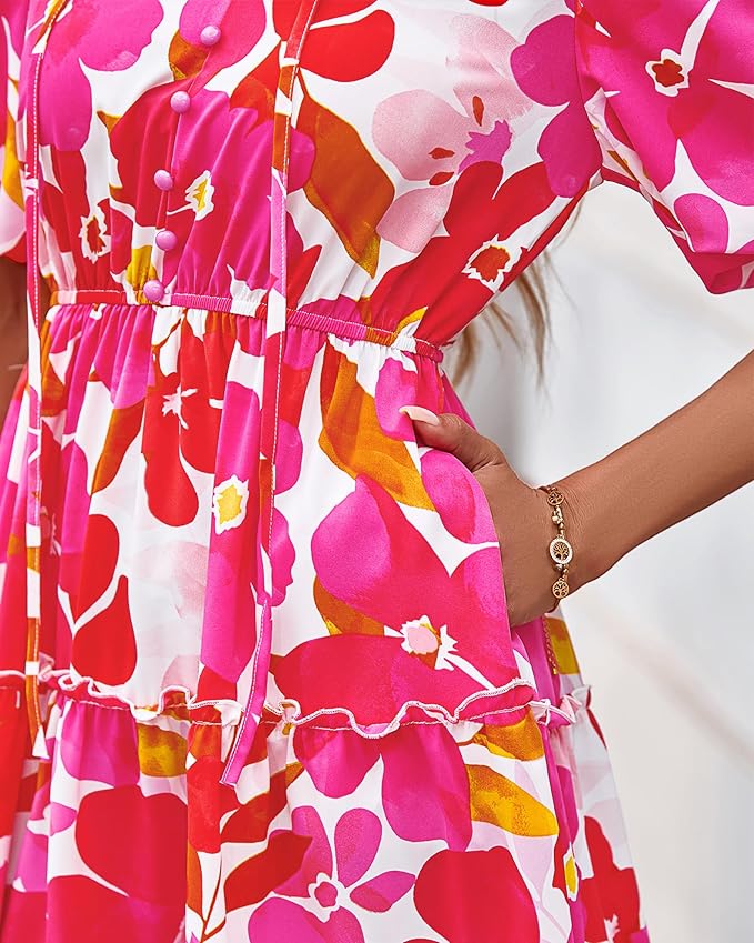 BTFBM Women Summer Floral Short Dresses V Neck Short Sleeve Tiered Ruffle Boho Swing Dress A-Line Mini Dresses