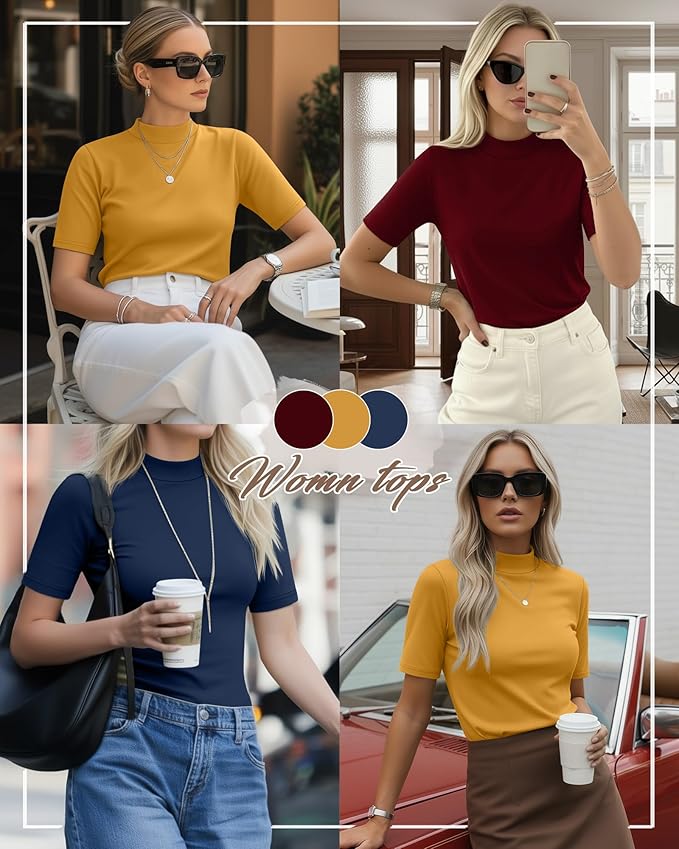 Ficerd 3 Pack Women's 1/2 Sleeve Mock Turtleneck Shirts, Elbow Length Shirt Half Sleeve Tunic Top Casual Summer Basic Tees