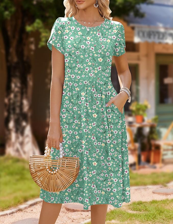 HOTOUCH Women's Summer A-Line Midi Dresses 2026 Casual Floral Short Sleeve T-Shirt Dress Flowy Beach Sundress with Pockets