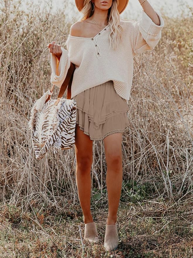 Aoudery Flowy Shorts for Women Casual Boho Ruffle Tiered Skorts High Waist Mini Skirts Golf Tennis Crochet Shorts