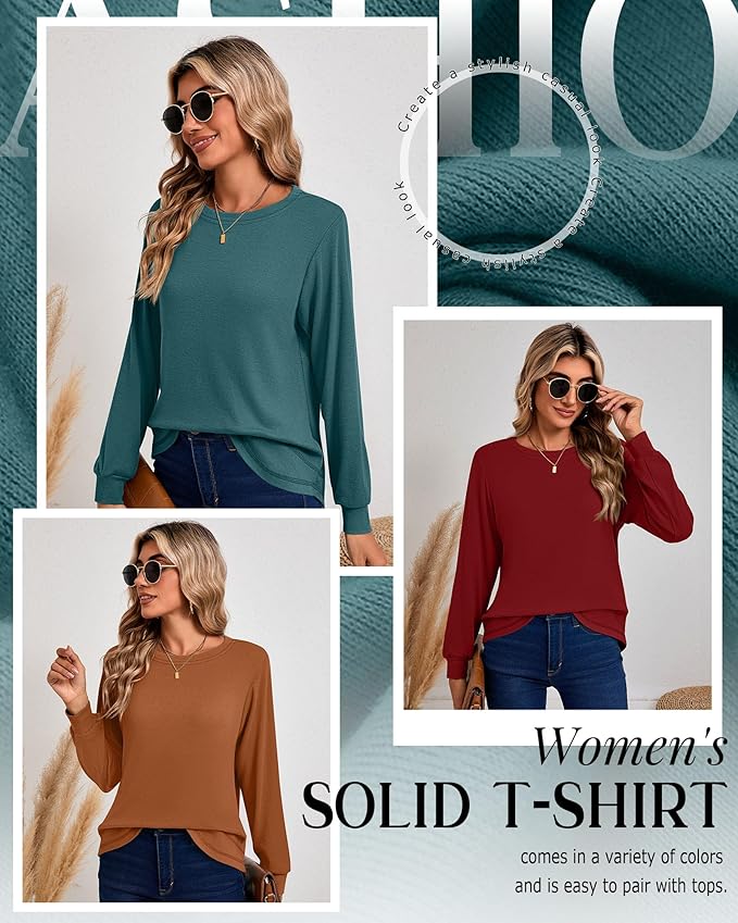 Ficerd 3 Pack Women's Long Sleeve Shirts, Cotton Crew Neck Tunic Tops Casual Loose Fit Pullover Sweatshirts Curved Hem Shirts