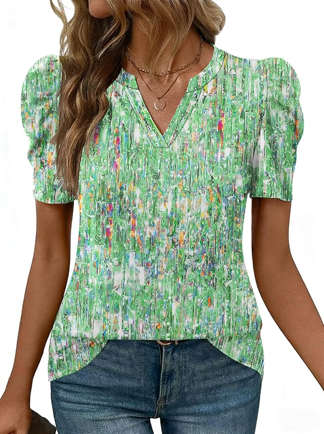 Lomon Spring Summer Tops for Women 2026 V Neck Puff Short Sleeve Tops Fashion Trendy Work Blouses Dressy Casual S-XXL