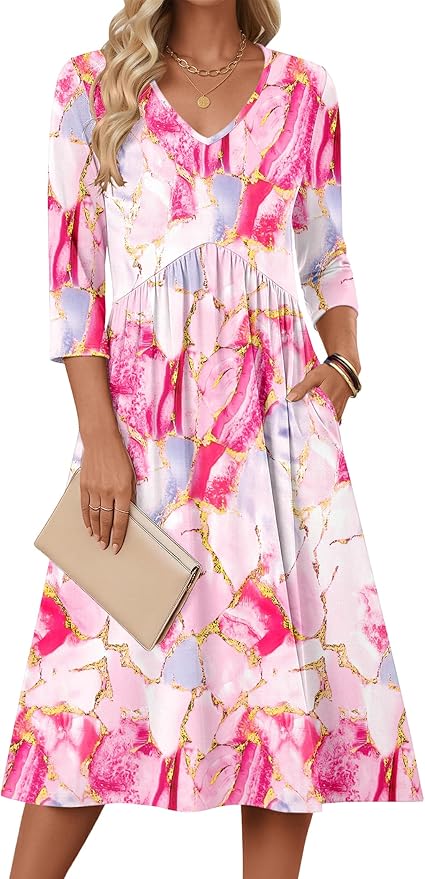 ZEAGOO 3/4 Sleeve Women's Dress Casual Flowy A-Line Midi Tshirt Dresses with Pocket Empire Waist Summer Boho Beach Sundress