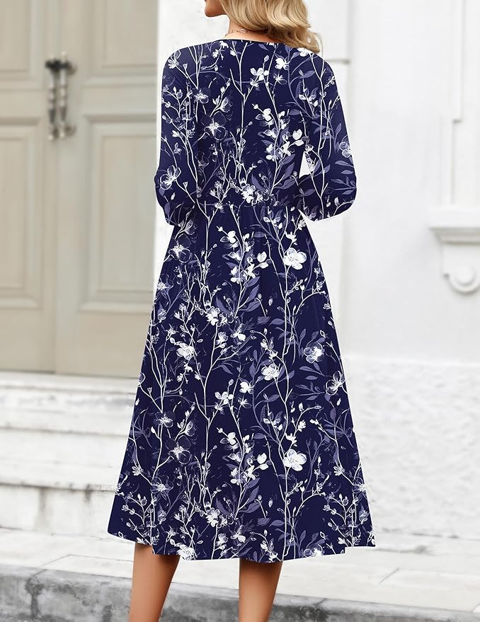 Zeagoo 3/4 Sleeve Women's Dress Casual Flowy A-Line Midi Tshirt Dresses with Pockets Crewneck Vocation Boho Beach Sundress