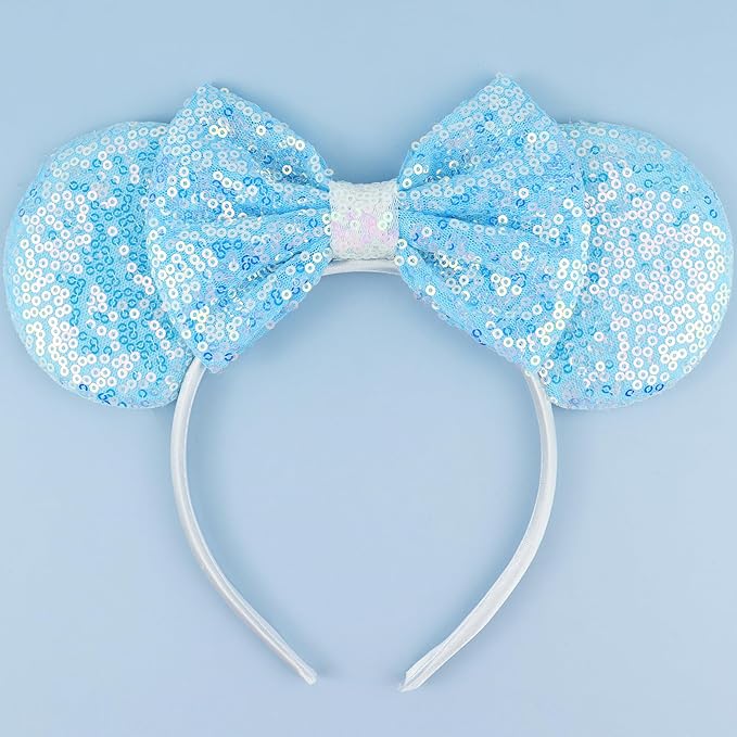 LIHELEI Mouse Ears Headband for Princess, Blue Cinderella Elsa Headbands for Women Halloween Costume, Sequin Bows Headwear Hair Accessories - Light Blue