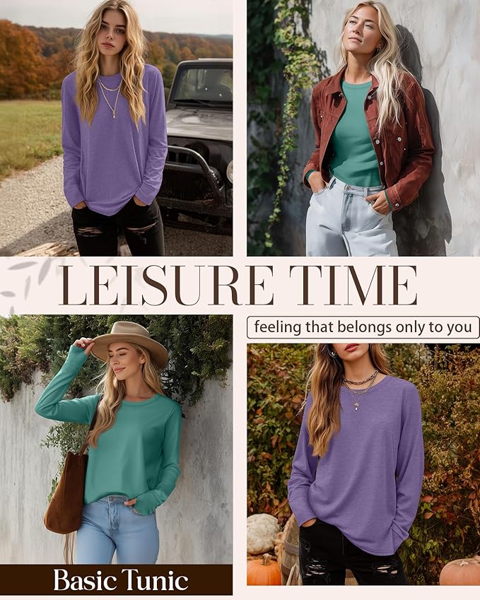 Huukeay 3 Pack Women's Long Sleeve Shirts with Thumb Holes, Cotton Casual Crew Neck Tunic Tops Fall Loose Y2k Trendy Outfits