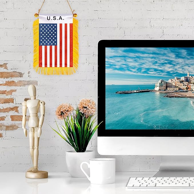 ZXvZYT 3 X 5 Inch America USA Window Hanging Flag US Small Mini Car Flags Banners Rearview Mirror Decoration - with Suction Cup & Golden Fringy Banner(2 Pack)
