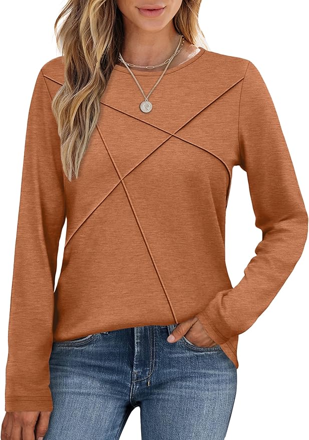 XIEERDUO Long Sleeve Shirts for Women Business Casual Tops Trendy Crewneck Fall T Shirts Pleated Loose Fit