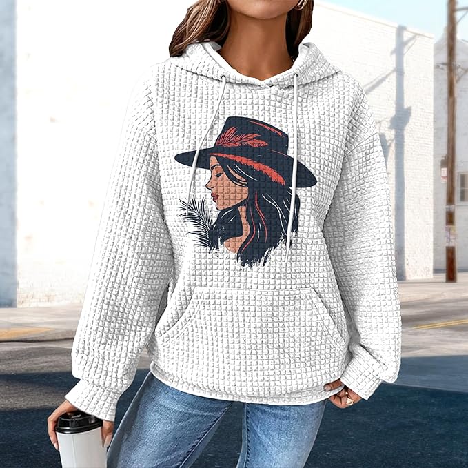 domirica Pullover Sweatshirts For Women Drawstring Long Sleeve Waffle Sweatshirt With Pocket Vintage Street Wear Qutfits