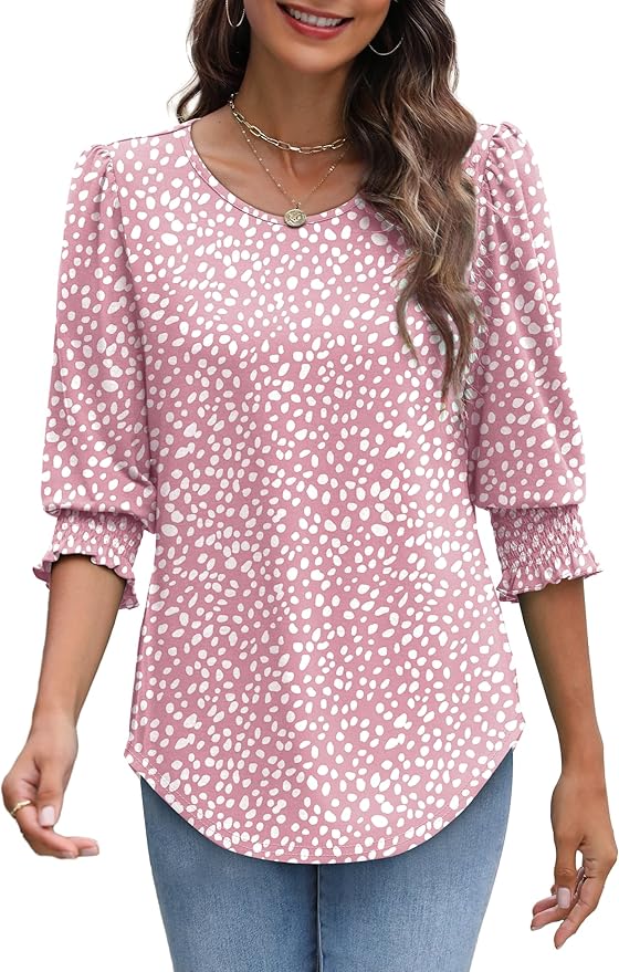 XIEERDUO Blouses for Women Dressy Casual 3/4 Length Sleeve Womens Tops with Smocked Cuffs