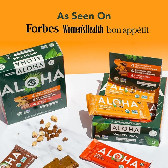 ALOHA Organic Plant Based Protein Bars - 3 Flavor Variety Pack - 12 Count, 1.98oz Bars - Vegan Snacks, Low Sugar, Gluten-Free, Low Carb, Paleo, Non-GMO, Stevia-Free, No Sugar Alcohol Sweeteners