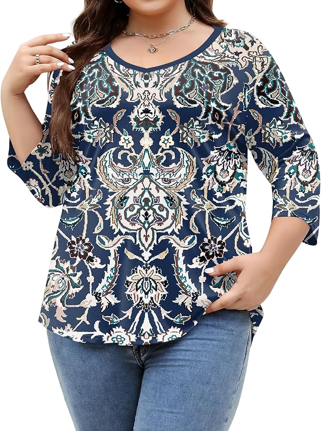 TFSDOD Womens Plus Size Tops V Neck T Shirts 3/4 Sleeve Blouse Summer Casual Tees XL-5X