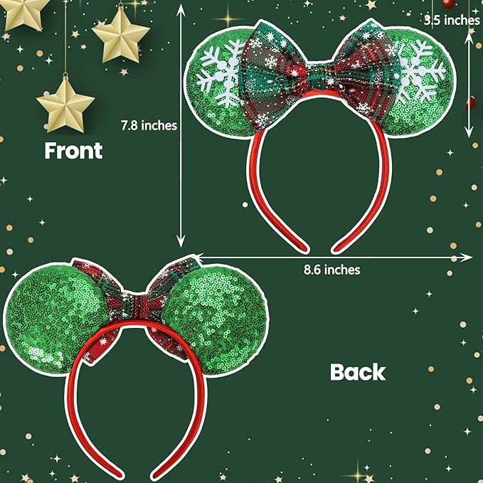 ETLUK Christmas Ears for Women Adult Girls, Mouse Ears Headbands with Bows for Trips, Party, Accessories (Plaid)