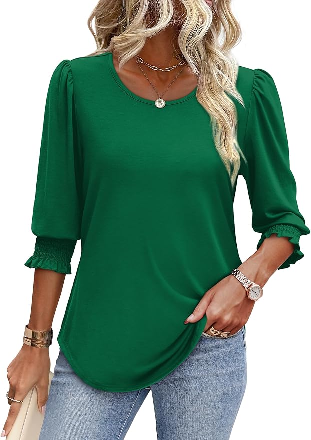 XIEERDUO Blouses for Women Dressy Casual 3/4 Length Sleeve Womens Tops with Smocked Cuffs