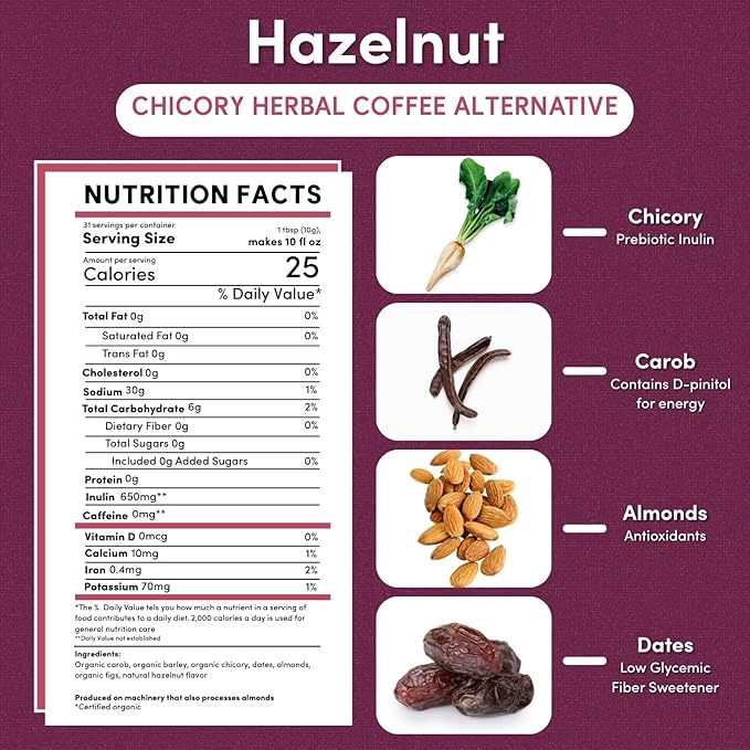 Teeccino Hazelnut Chicory Coffee Alternative - Ground Herbal Coffee That’s Prebiotic, Caffeine Free & Acid Free, Medium Roast, 11 Ounce (Pack of 6)