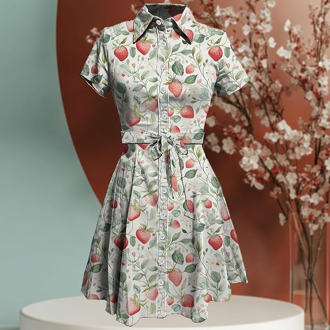 MARSVOVO Cute T Shirt Dress for Women Short Sleeve Button Up Tie Waist Elegant Casual Collared Smocked Midi Dress