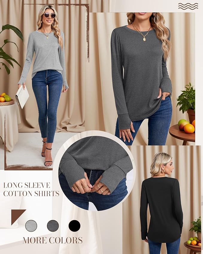 Huukeay 3 Pack Women's Long Sleeve Shirts with Thumb Holes, Cotton Casual Crew Neck Tunic Tops Fall Loose Y2k Trendy Outfits