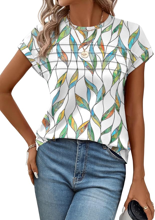 WEESO Womens Summer Tops Trendy 2026 Cap Sleeve T Shirts Crew Neck Pleated Front Beach Vacation Clothes Fashion