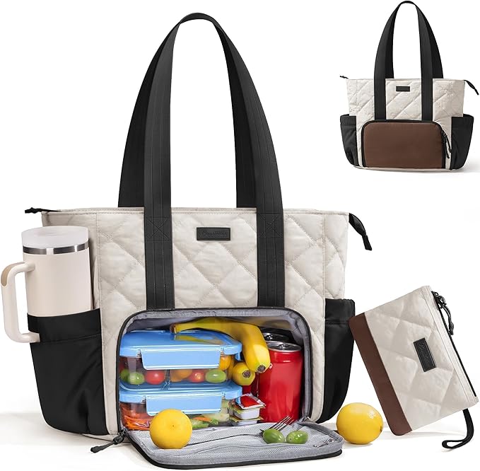 Puffer Lunch Tote Bag for Women, 15.6 Inch Laptop Work Bag with Insulated Lunch Compartment & Large Cup Holder, Lightweight Quilted Puffy Lunch Box Purse for Teacher Nurse Travel Office Daily School
