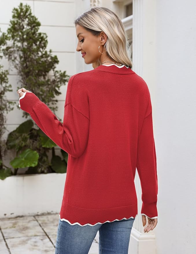 Zeagoo Women's 2026 Fall V Neck Sweater Casual Long Sleeve Lightweight Ribbed Knit Pullover Sweaters Dressy Casual Tops