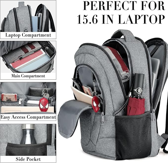 BIKROD Travel Laptop Backpack for Men and Women, Backpacks for School Teen Boys, Business Anti Theft Slim Durable Back Pack with USB Charging Port, Adult Computer Bag Gift 15.6 IN Laptop, Grey