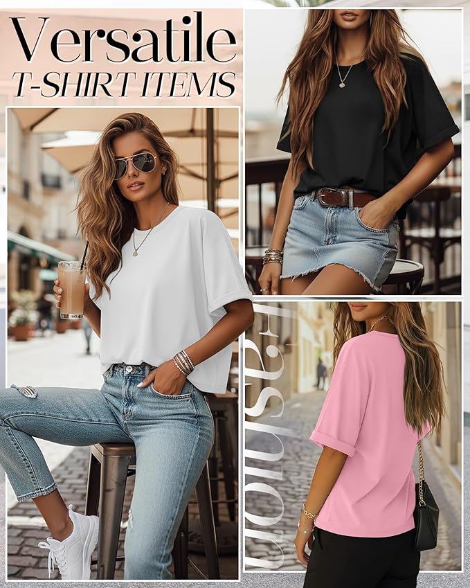 Riyiper 3 Pack Women's Oversized T-Shirt Half Sleeve Summer Tees Casual Loose Fit Crew Neck Basic Tops