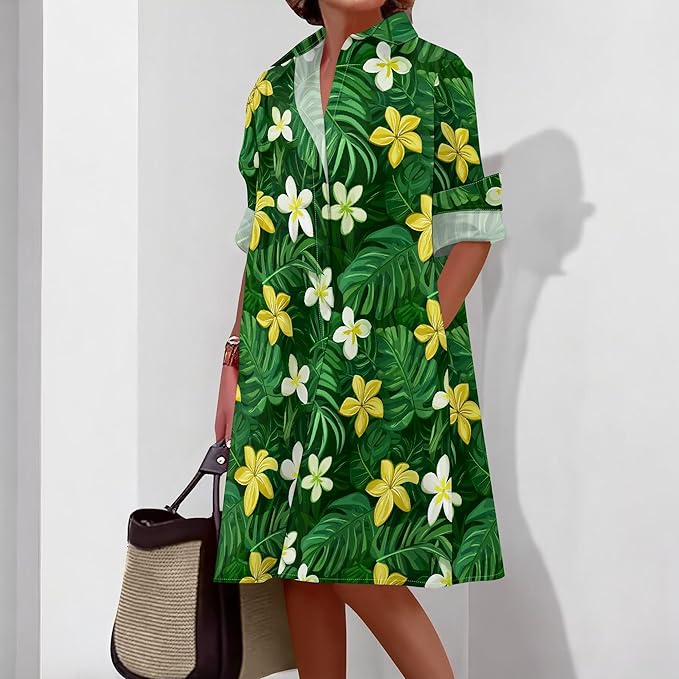 Shirt Dresses for Women 2025 Summer Long Sleeve Casual Plus Size Floral Printed Beach Vacation Dress with Pockets