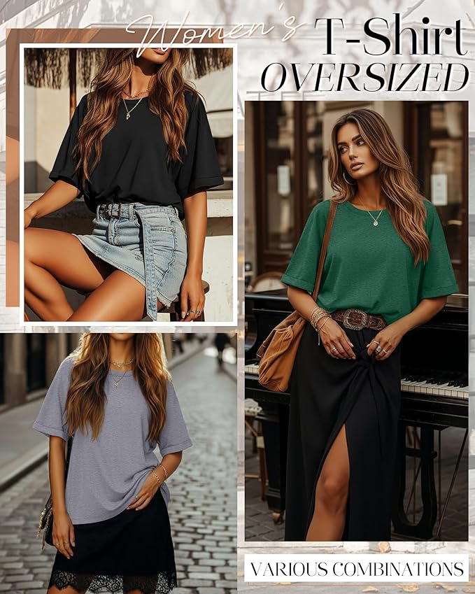 Riyiper 3 Pack Women's Oversized T-Shirt Half Sleeve Summer Tees Casual Loose Fit Crew Neck Basic Tops