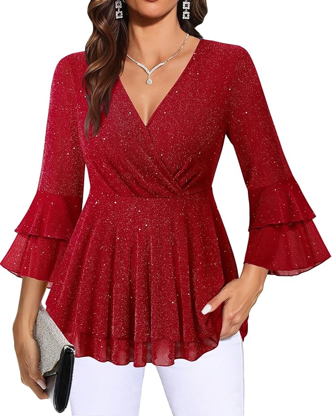 Lotusmile Women's Dressy Blouses Ruffle 3/4 Sleeve Peplum Sparkly Tops