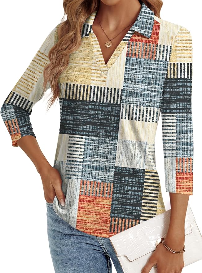 3/4 Length Sleeve Womens Tops Dressy Casual V Neck Polo Shirts Business Work Blouses 2025 Trendy Tunic Top