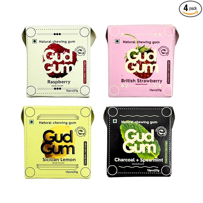 GUDGUM Natural & Sugar-Free Chewing Gum – Plastic-Free, Biodegradable, Vegan (Pack of 4, Assorted)