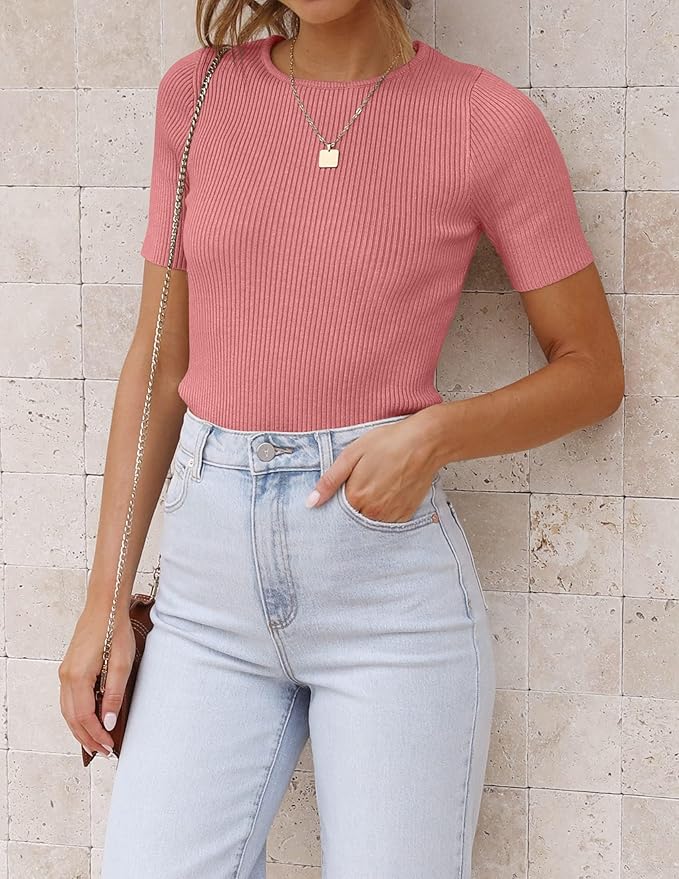 ZESICA Women's Short Sleeve Sweater Tops 2026 Summer Crewneck T Shirt Ribbed Knit Slim Fit Basic Solid Color Tee