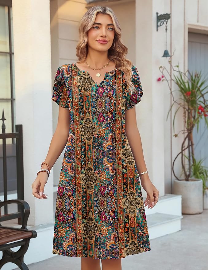 Zeagoo Women's Casual Dresses with Pockets Summer Floral V-Neck A-Line Tshirt Dress Short Sleeve Mini Dress Beach Sundress